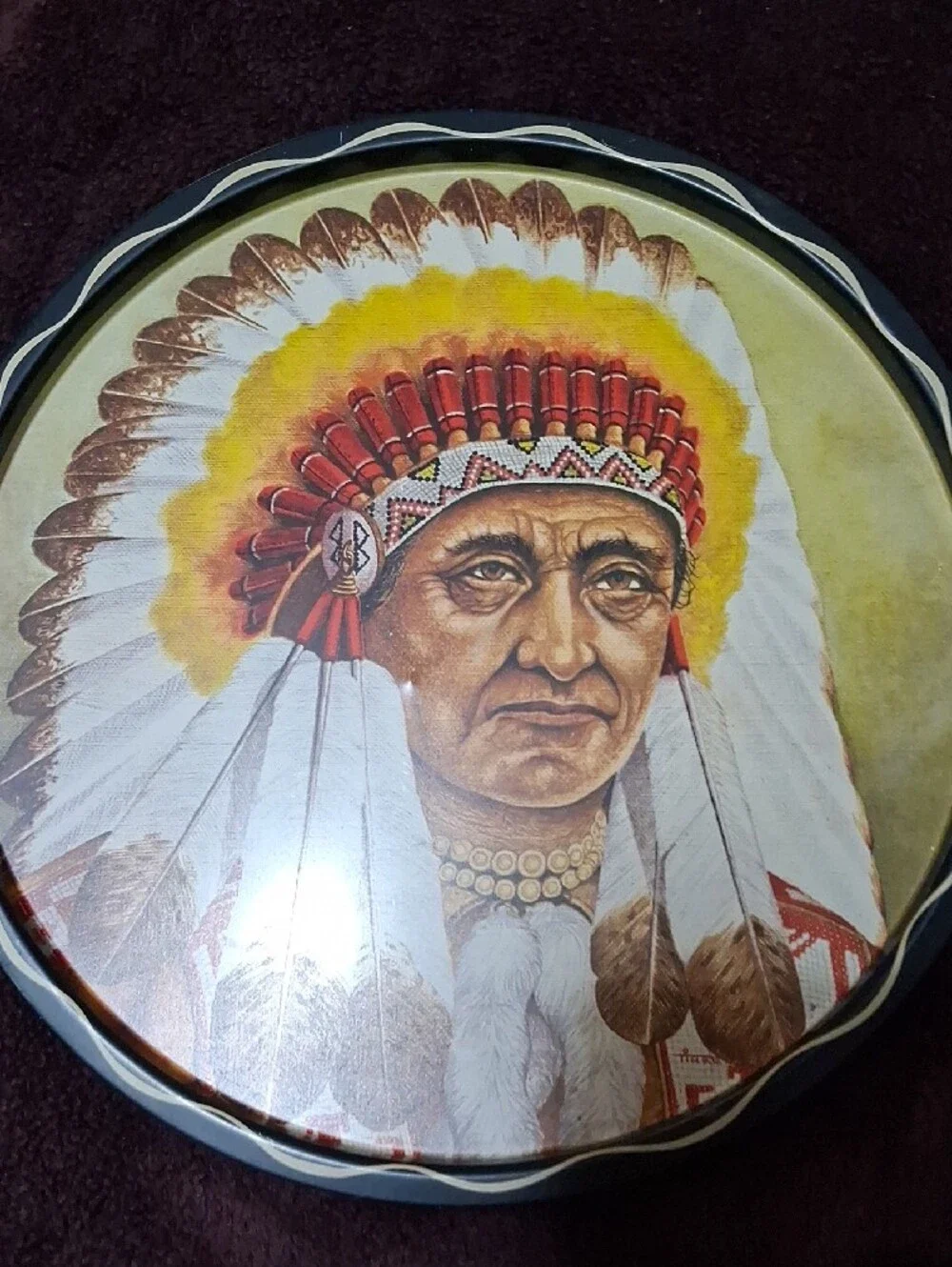 Pair of Decorative Native American Portrait Trays - Red, Yellow, Brown